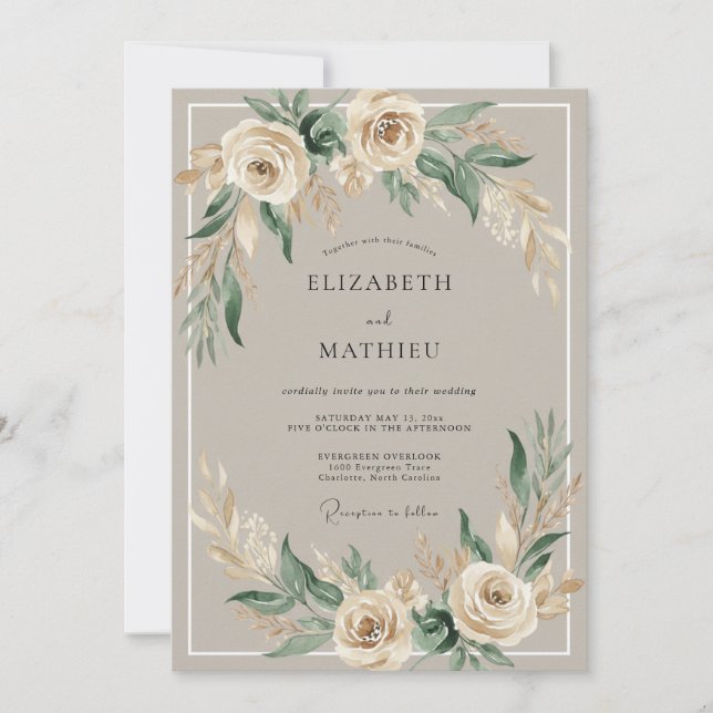Invitation Mariage Bohème Floral Crème Romance (Devant)