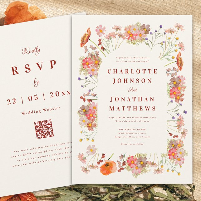 Invitation Mariage Bohème Floral d'Automne (Boho dried flowers rustic fall wedding invitation burnt orange script wedding website qr code)