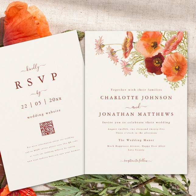 Invitation Mariage Bohème Floral d'Automne (Elegant floral bouquet fall wedding invitation with burnt orange script and qr code)