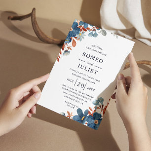 Invitation Mariage Bohème Floral en Terre Cuite Bleu Nuit