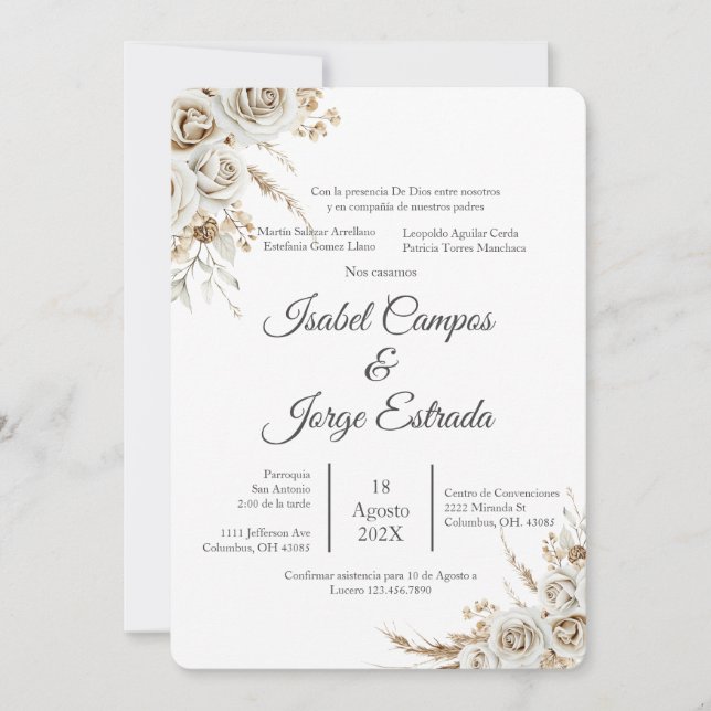 Invitation Mariage Bohème Floral Espagnol (Devant)