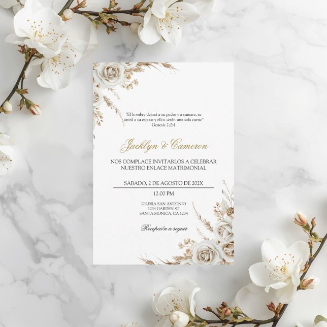 Invitation Mariage Bohème Floral Espagnol Blanc (Créateur téléchargé)