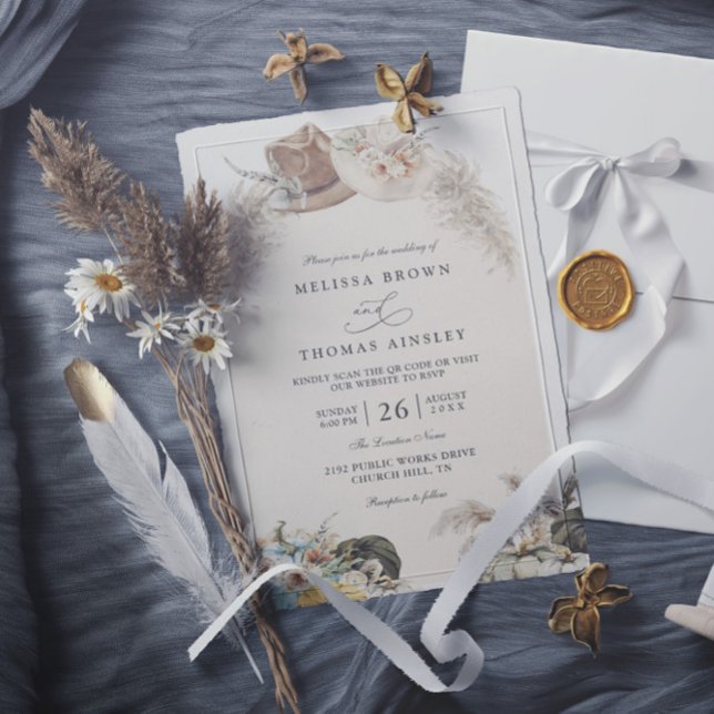 Invitation Mariage Bohème Floral Herbe de Pampas Code QR Rust (Créateur téléchargé)