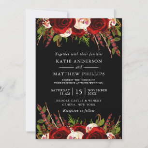 Invitation Mariage Bohème Floral Rouge Noir