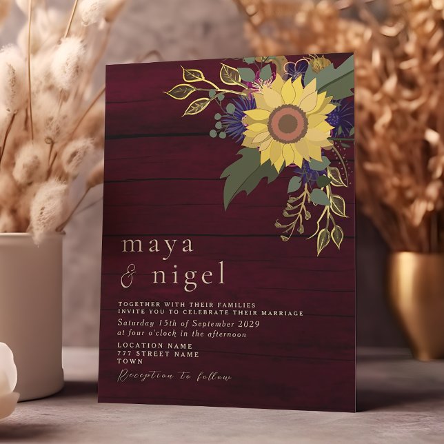 Invitation Mariage Bohème Floral Rustique Bourgogne (Créateur téléchargé)