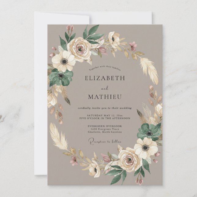 Invitation Mariage Bohème Floral Taupe (Devant)