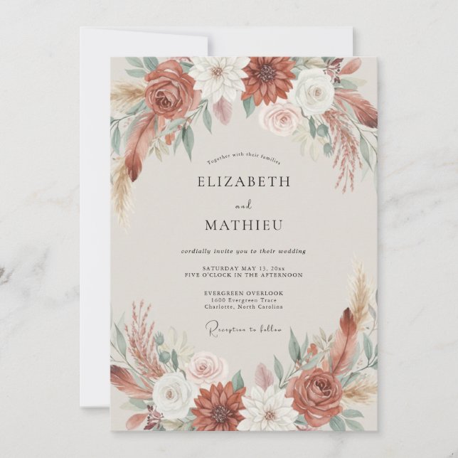 Invitation Mariage Bohème Floral Terracotta (Devant)