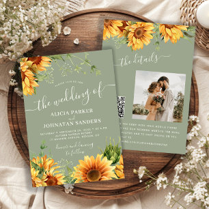 Invitation Mariage bohème floral vert sauge tournesol