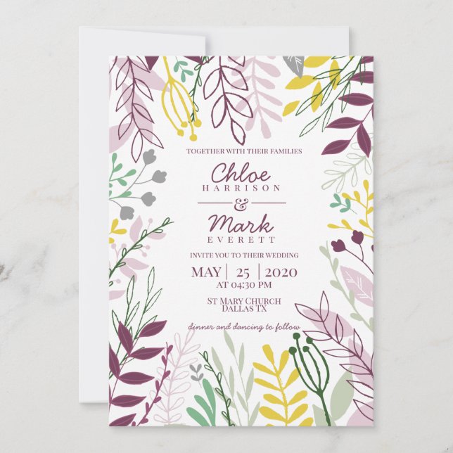 Invitation Mariage bohème floral violet jaune d'été (Devant)