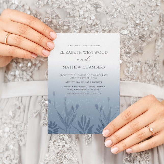Invitation Mariage Bohème Foncé Bleu Feuillage Pressé  (Créateur téléchargé)