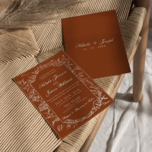 Invitation Mariage Bohème Foncé Orange Brûlé Floral Terracott
