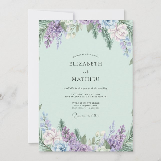Invitation Mariage Bohème Glycine Améthyste Menthe (Devant)