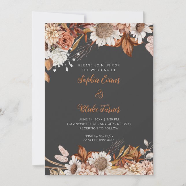 Invitation Mariage Bohème Gris Fleurs Marron Blanc Rustique (Devant)