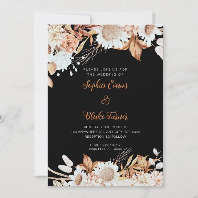 Invitation Mariage Bohème Gris Fleurs Marron Blanc Rustique (Devant)