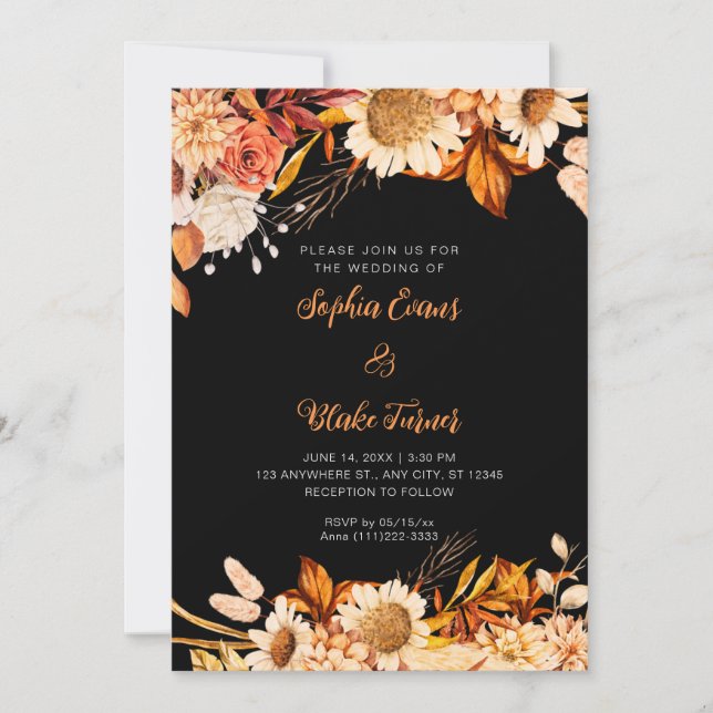 Invitation Mariage Bohème Gris Fleurs Orange Blanches Rustiqu (Devant)