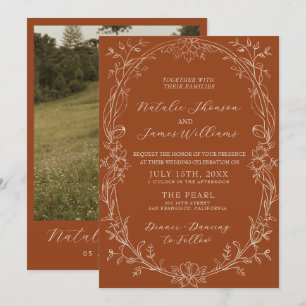 Invitation Mariage Bohème Hérbal Floral Orange Terracotta Brû