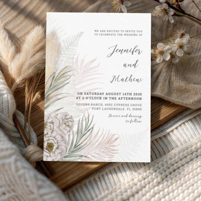 Invitation Mariage Bohème Herbe des Pampas & Fleurs Blanches  (Créateur téléchargé)