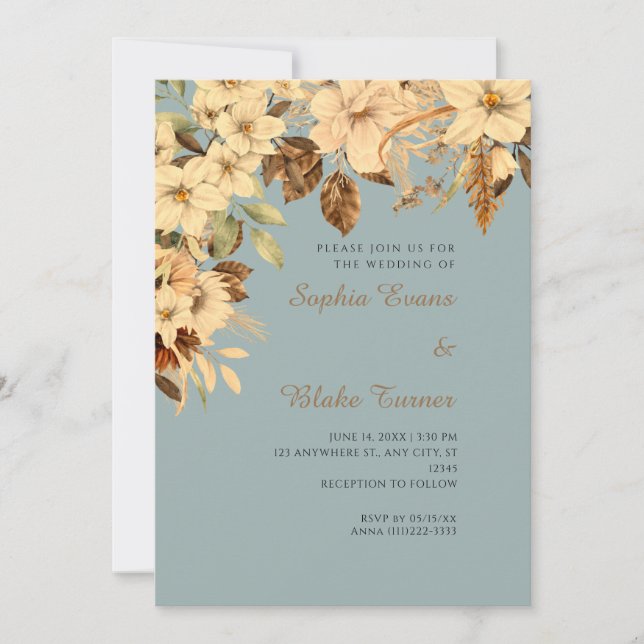 Invitation Mariage Bohème Jaune Floral Automne Vert (Devant)