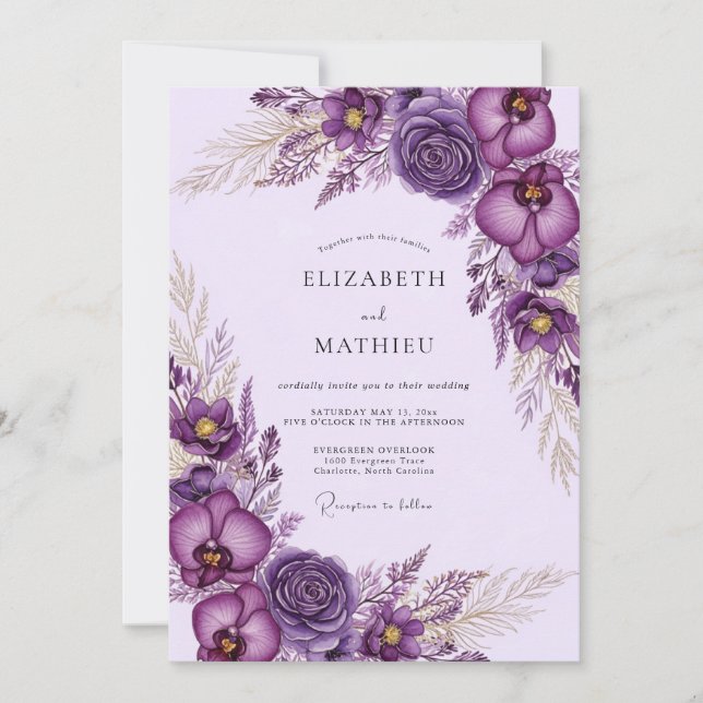 Invitation Mariage Bohème Luxueux Violet (Devant)