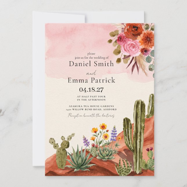 Invitation Mariage Bohème Mexicain Désert Cactus (Devant)