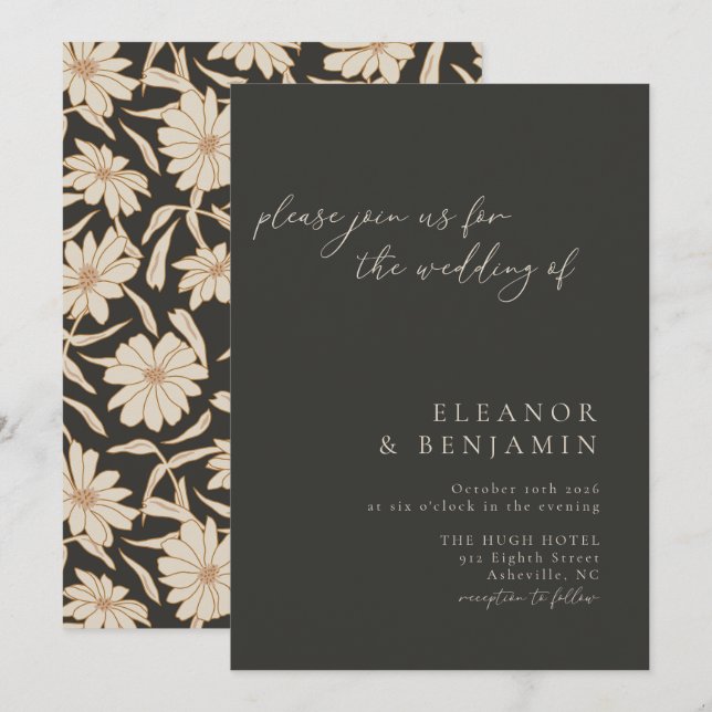 Invitation Mariage Bohème Minimaliste Botanique Noir et Ivoir (Devant / Derrière)