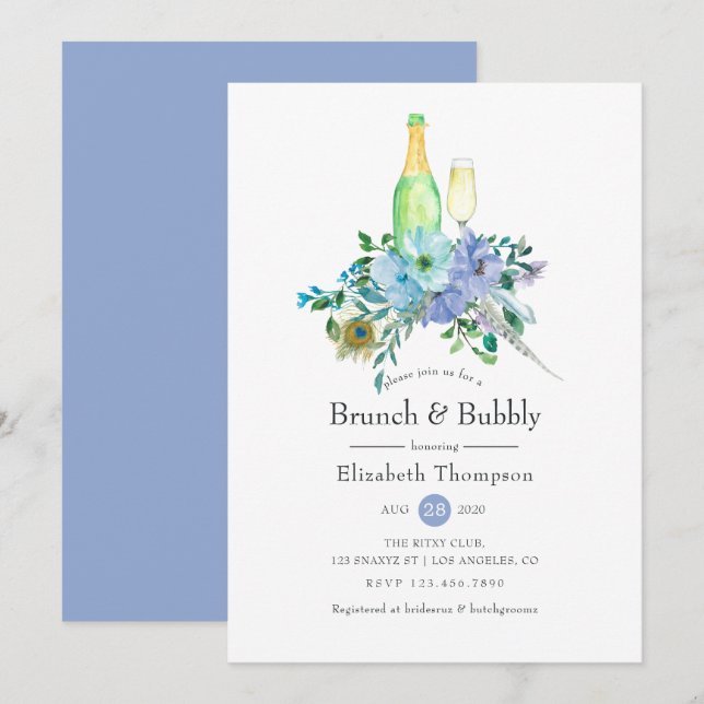 Invitation Mariage bohème mint et bleu avec brunch et champag (Devant / Derrière)
