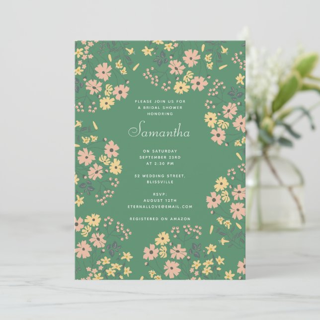 Invitation Mariage Bohème Moderne à Motif Floral Vert (Debout devant)