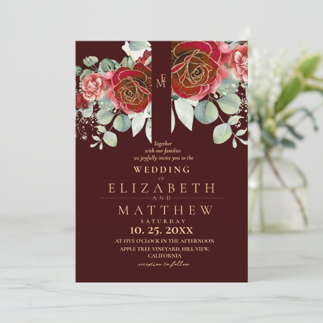 Invitation Mariage Bohème Moderne aux Fleurs Rouges et Dorées (Debout devant)