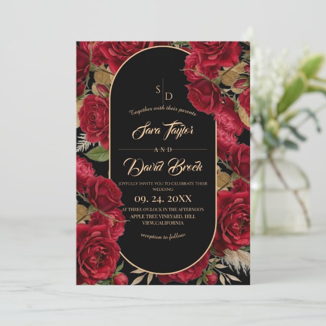 Invitation Mariage Bohème Moderne aux Roses Bourguignonnes (Debout devant)
