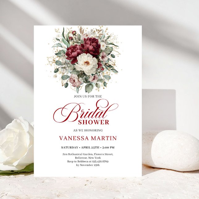 Invitation Mariage Bohème Moderne Bourguignon Eucalyptus Or (Modern Boho Burgundy Eucalyptus Gold Bridal Shower Invitation)