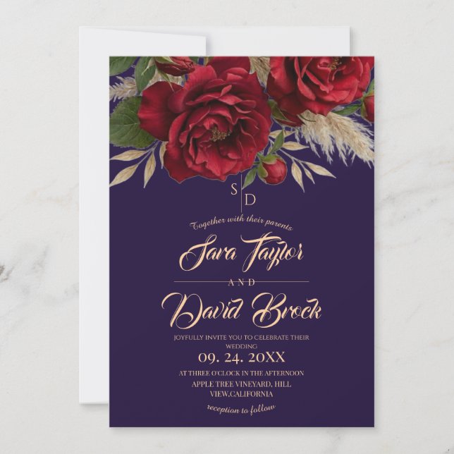 Invitation Mariage Bohème Moderne Fleurs Violettes et Roses (Devant)