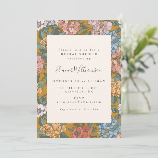 Invitation Mariage Bohème Moderne Floral Jaune Moutarde (Debout devant)