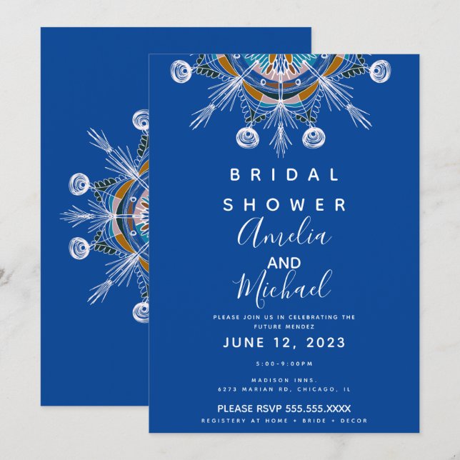 Invitation Mariage Bohème Moderne Mandala Bleu Moutarde Enter (Devant / Derrière)