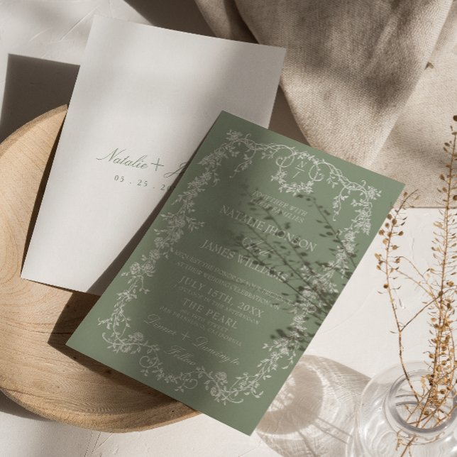 Invitation Mariage Bohème Monogramme de Jardin Vert Sauge Flo (Créateur téléchargé)