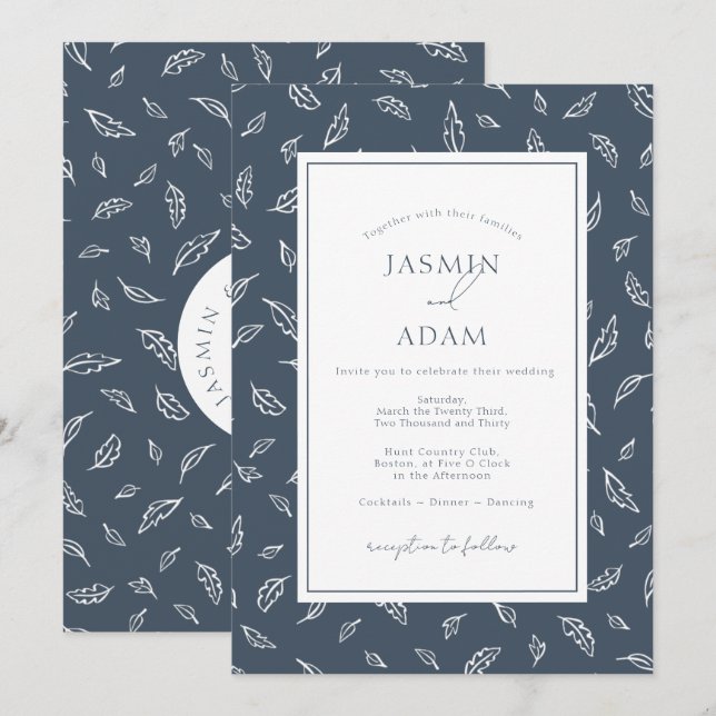 Invitation Mariage Bohème Monogramme Feuille Bleu Ardoise (Devant / Derrière)