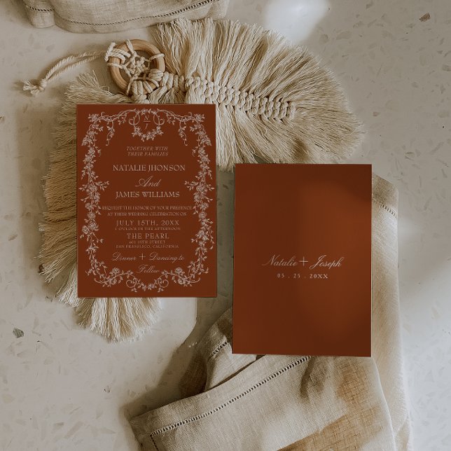 Invitation Mariage Bohème Monogramme Orange Brûlé Floral (Créateur téléchargé)