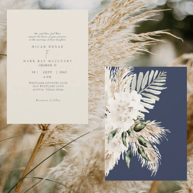 Invitation Mariage Bohème Navy & Crème Pampas (Créateur téléchargé)