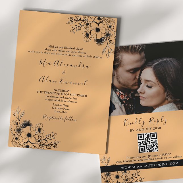 Invitation Mariage Bohème Noir et Orange Tout en Un (Créateur téléchargé)