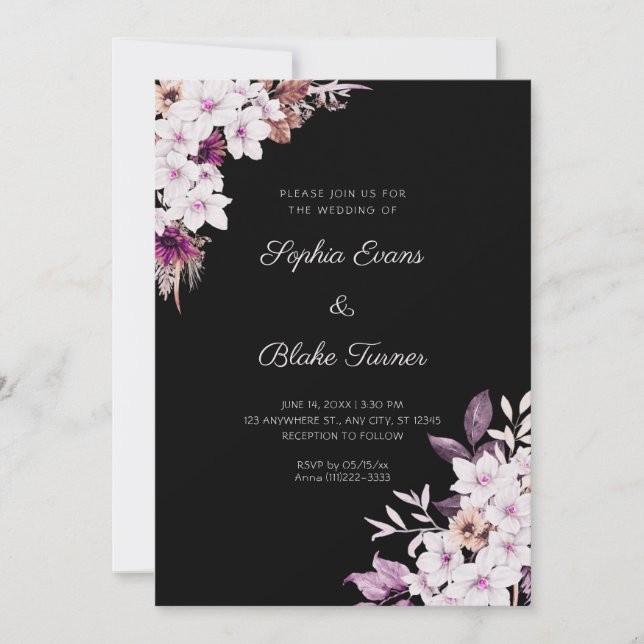 Invitation Mariage Bohème Noir Fleurs Blanches et Roses Rusti (Devant)
