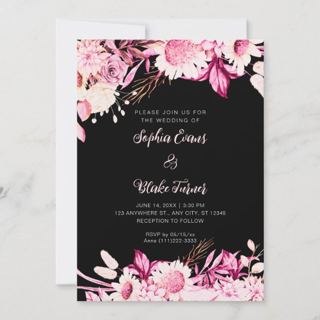 Invitation Mariage Bohème Noir Fleurs Roses et Blanches (Devant)