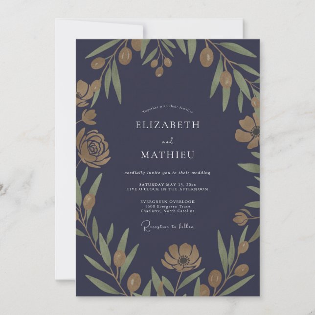 Invitation Mariage Bohème Olive Feuille de Minuit (Devant)