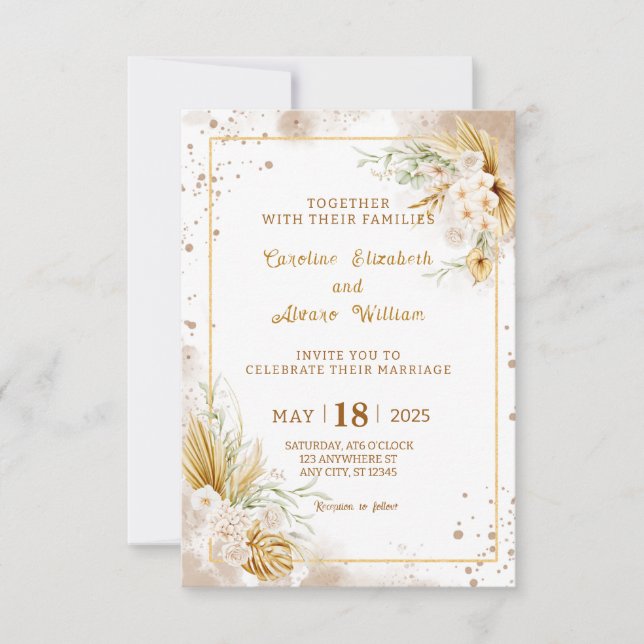 Invitation Mariage Bohème Or Glitter Pampas & Orchidée  (Devant)