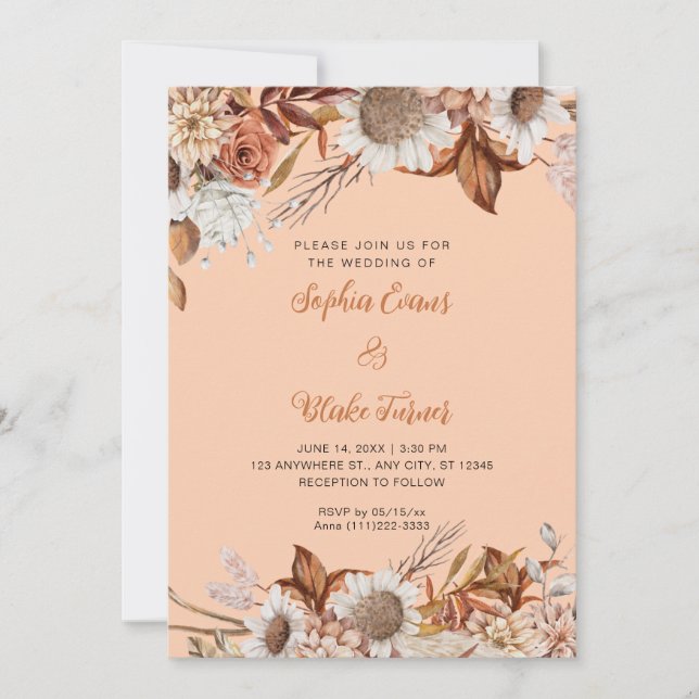 Invitation Mariage Bohème Orange Brun Blanc Fleurs Rustique (Devant)