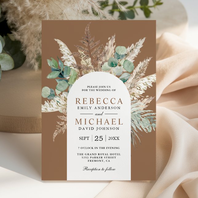 Invitation Mariage Bohème Pampas Eucalyptus Arche Beige Marro (Créateur téléchargé)