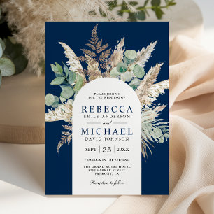 Invitation Mariage Bohème Pampas Eucalyptus Arche Bleu Marine