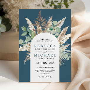 Invitation Mariage Bohème Pampas Eucalyptus Arche Bleu Poussi