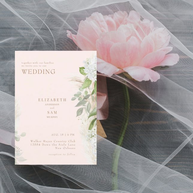 Invitation Mariage Bohème Pampas Rose Blanc Hydraneas (Créateur téléchargé)