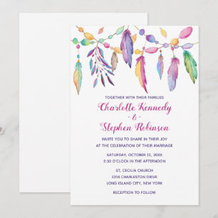 Invitation Mariage Bohème Plume Violette Amérindien Indien