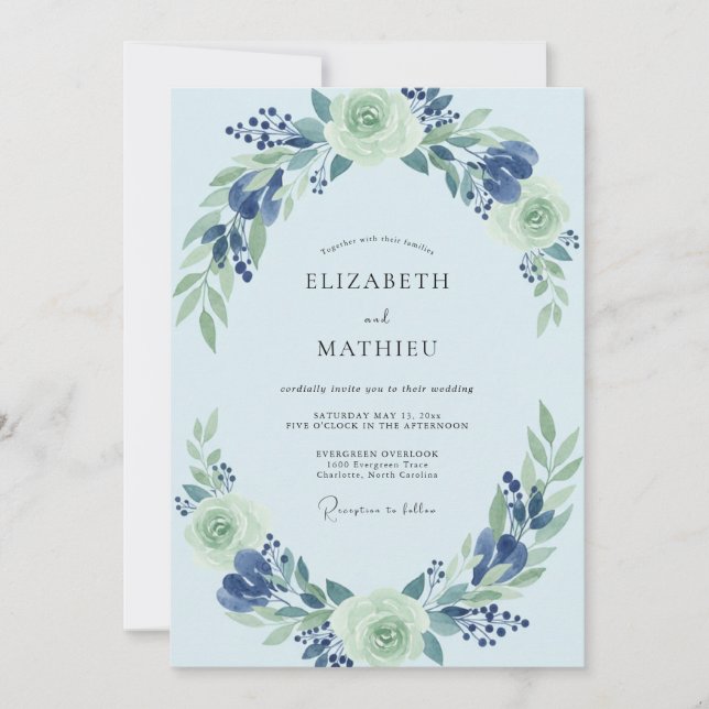Invitation Mariage Bohème Poudre Feuille Azure (Devant)