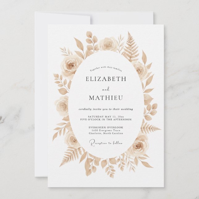 Invitation Mariage Bohème Raffiné Beige (Devant)